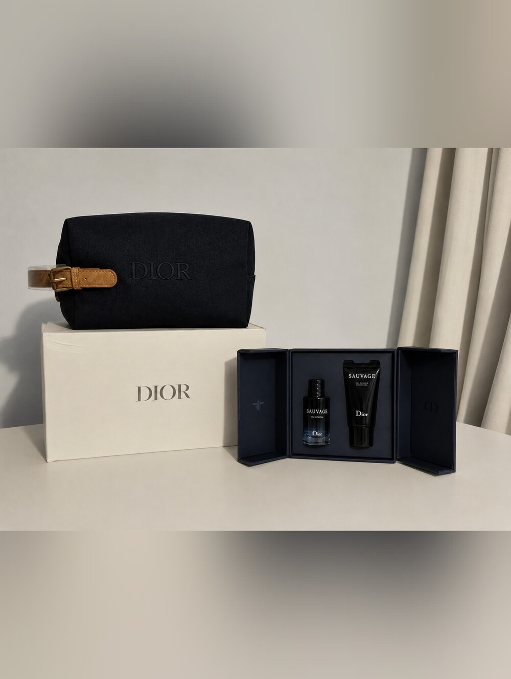 Dior Navy Embossed Canvas Toiletry Pouch with Sauvage Gift Set.